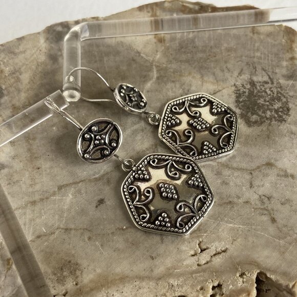 VTG Sterling Silver 925 Etruscan Moroccan Style Hexagonal Drop Dangle Earrings - Picture 4 of 16